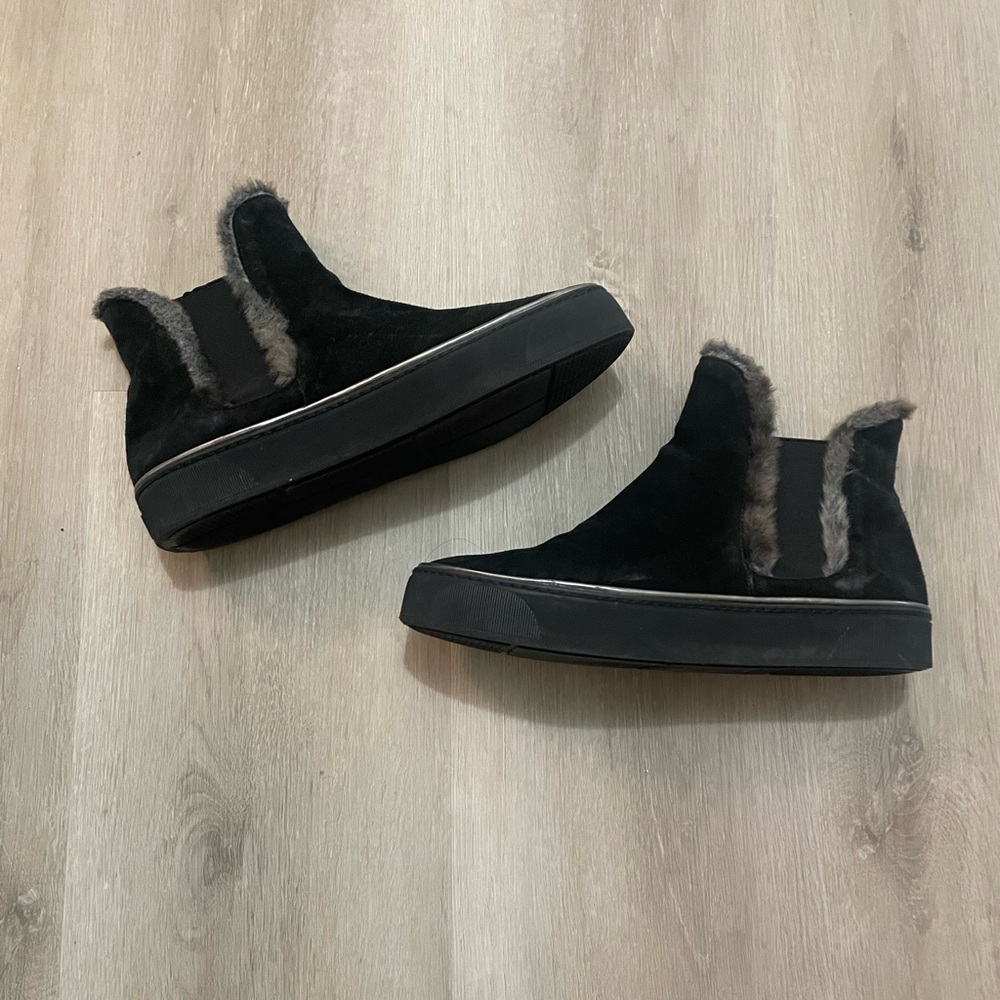 Stuart Weitzman Black Ankle Boots with Gray Fur Trim